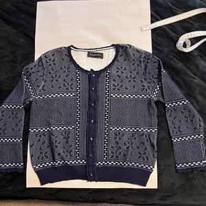 July Studio Navy Blue Floral Pattern Cardigan Button-Up Sweater-SZ L